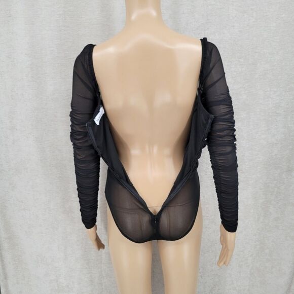 Thats so Fetch Long Sleeve Bodysuit Black Ruched Mesh Women's 4 - Picture 6 of 15